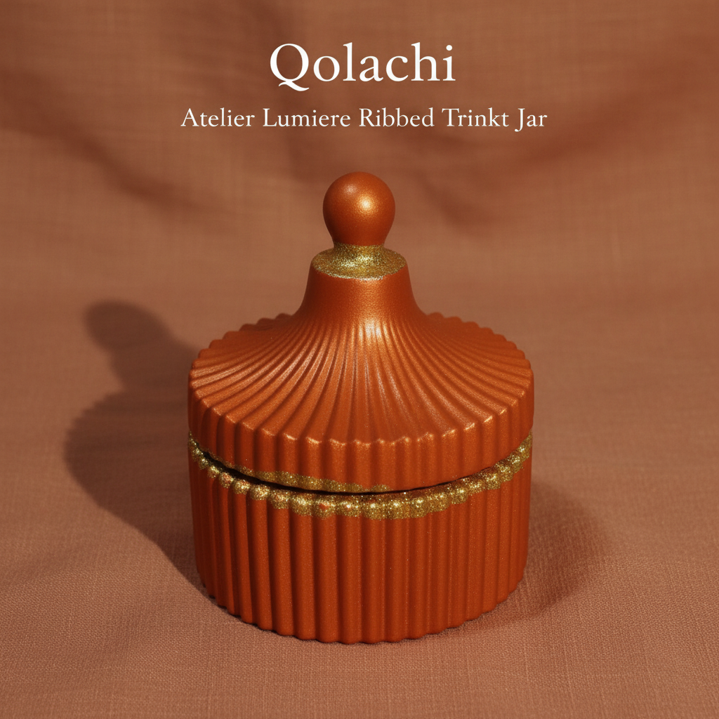 Qolachi Atelier Lumiere Ribbed Trinket Jar in Burnt Orange Metallic Matte with Gold contrast