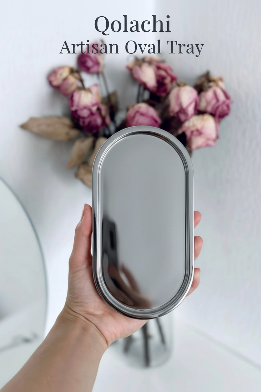 Qolachi Artisan Oval Tray - Metallic Silver Grey