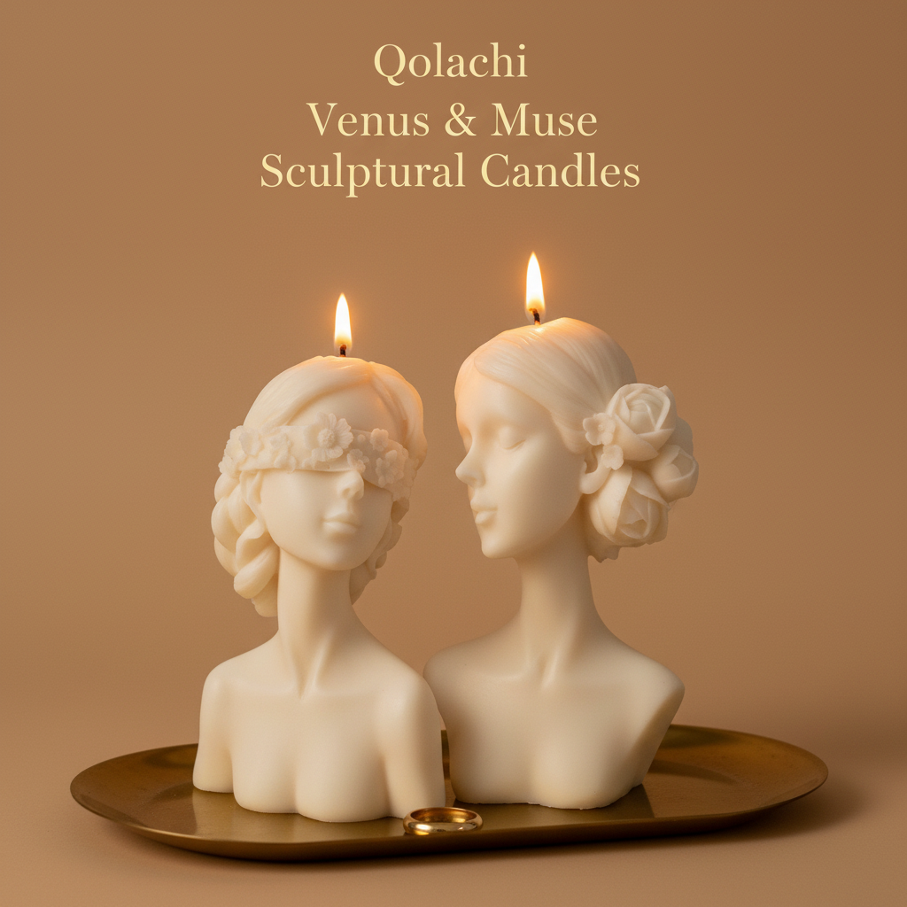 Qolachi Venus & Muse Sculptural Candles - sand beige background