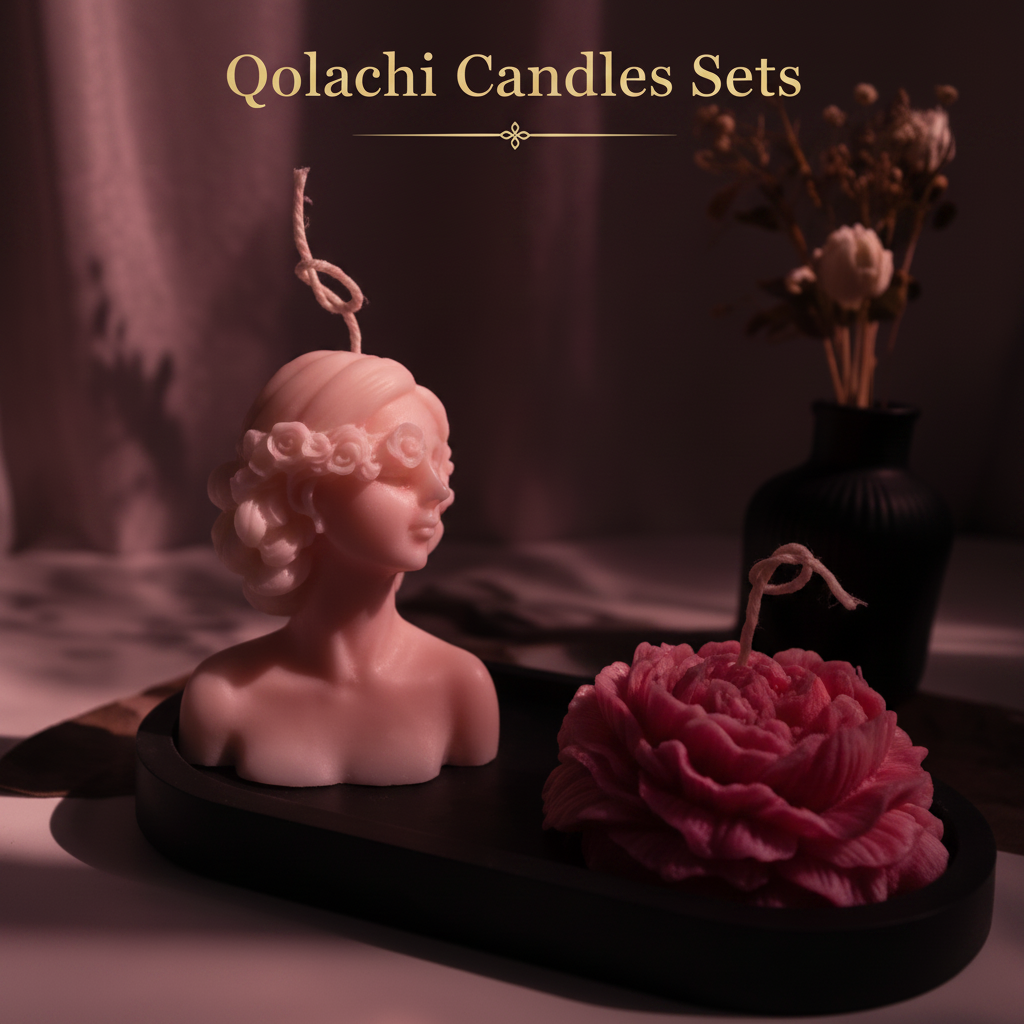 Qolachi Lumière Duo sculptural candle set in pink red vine finish on dark background