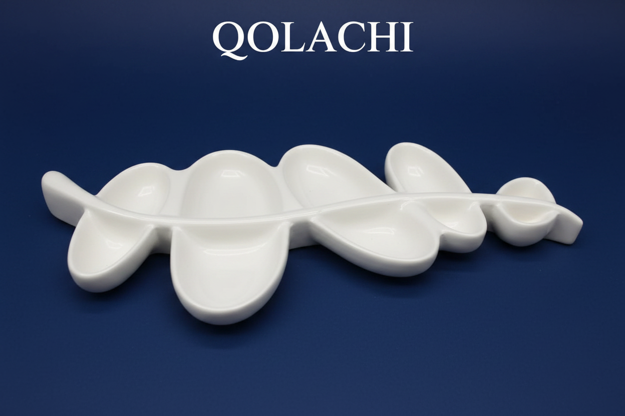 Aurum Botanica Leaf Tray – White on Navy Blue Background | Qolachi Interiors