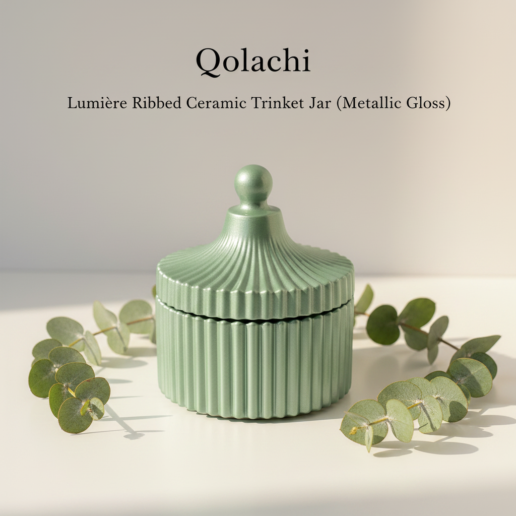 Qolachi Lumière Ribbed Ceramic Trinket Jar in Mint Olive Sage Metallic Gloss
