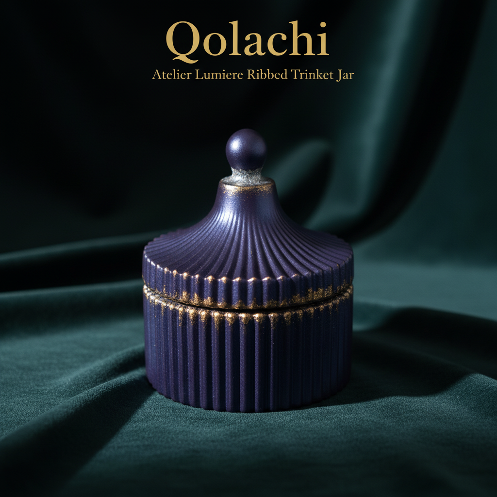 Qolachi Atelier Lumiere Ribbed Trinket Jar in Amethyst Purple Metallic Matte with Gold contrast