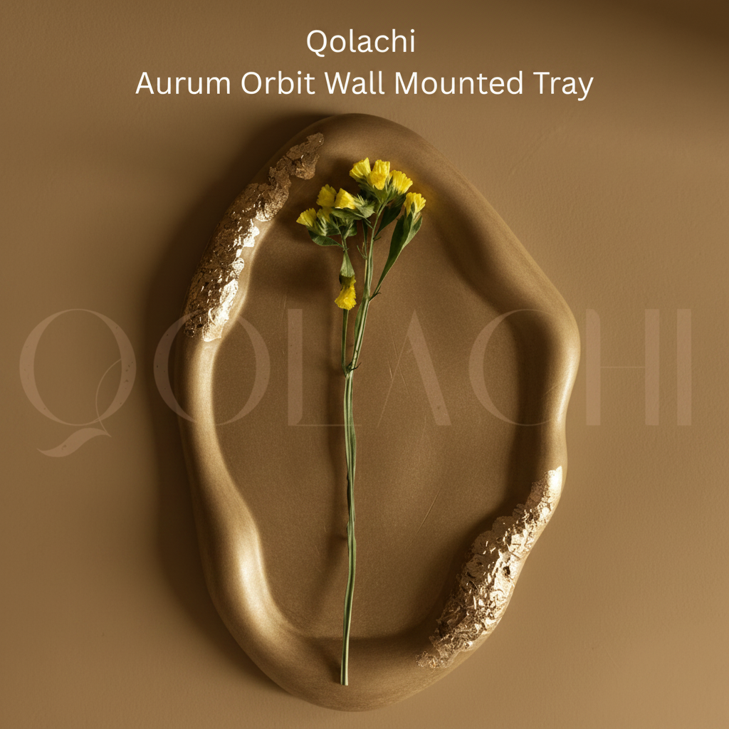 Qolachi Aurum Orbit Wall Mounted Tray in Antique Gold Brown monochromatic colorway, square format branded product image