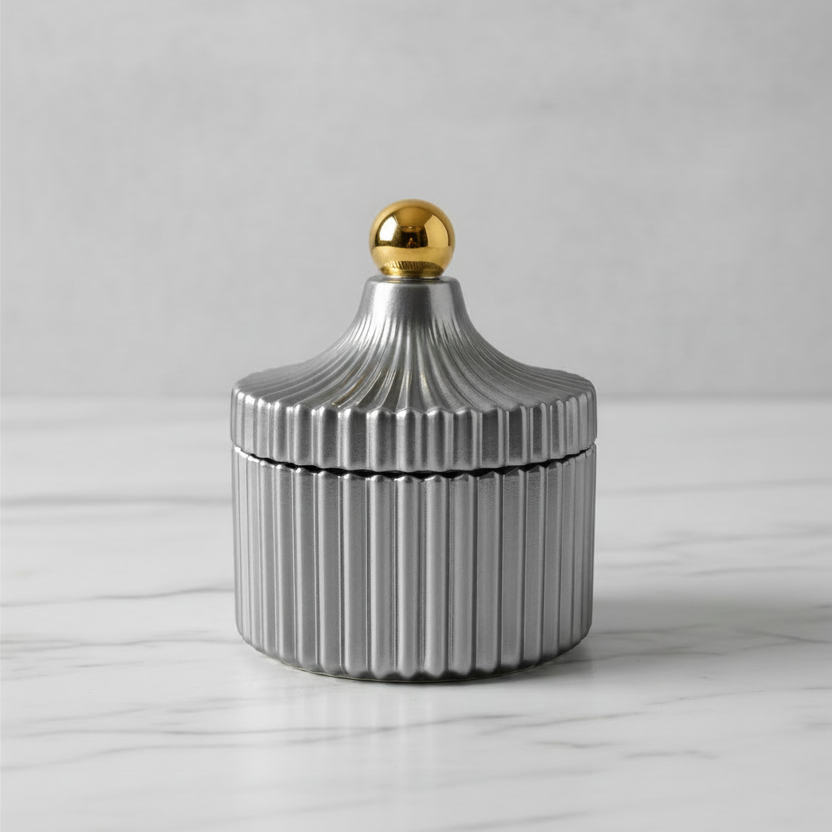 Qolachi Atelier Ribbed Ceramic Trinket Jar in Silver Grey and Gold Metallic Matte