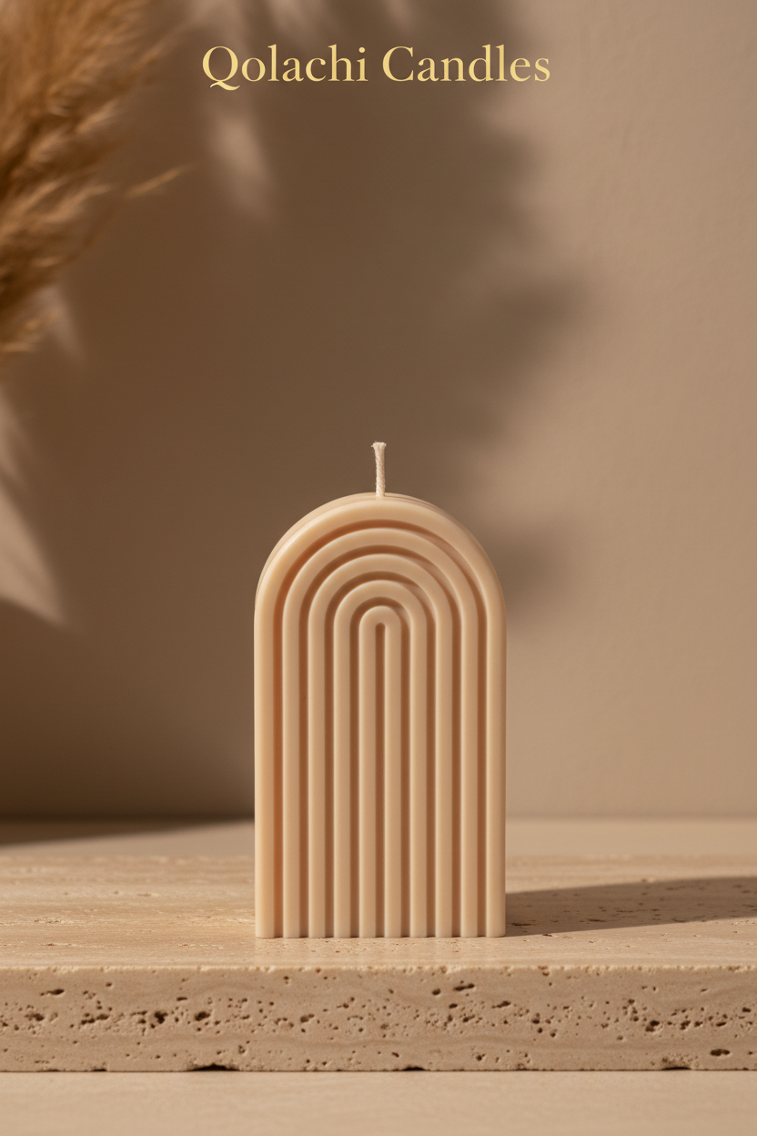 Arcadia Arch Candle — Warm Sand on travertine