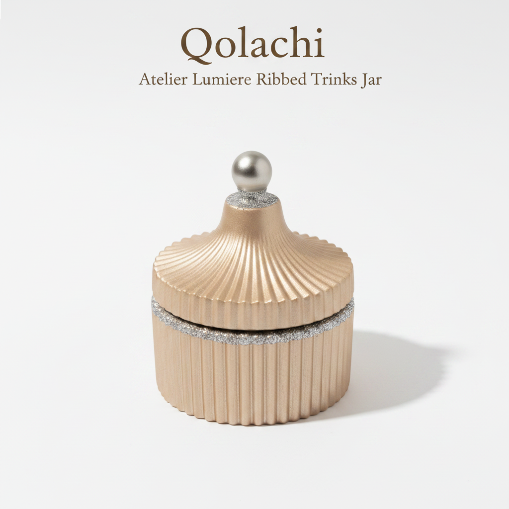 Qolachi Atelier Lumiere Ribbed Trinket Jar in Champagne Beige Metallic Matte with Silver contrast