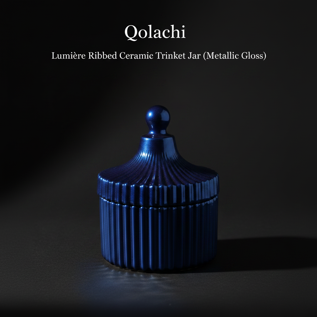 Qolachi Lumière Ribbed Ceramic Trinket Jar in Royal Blue Metallic Gloss