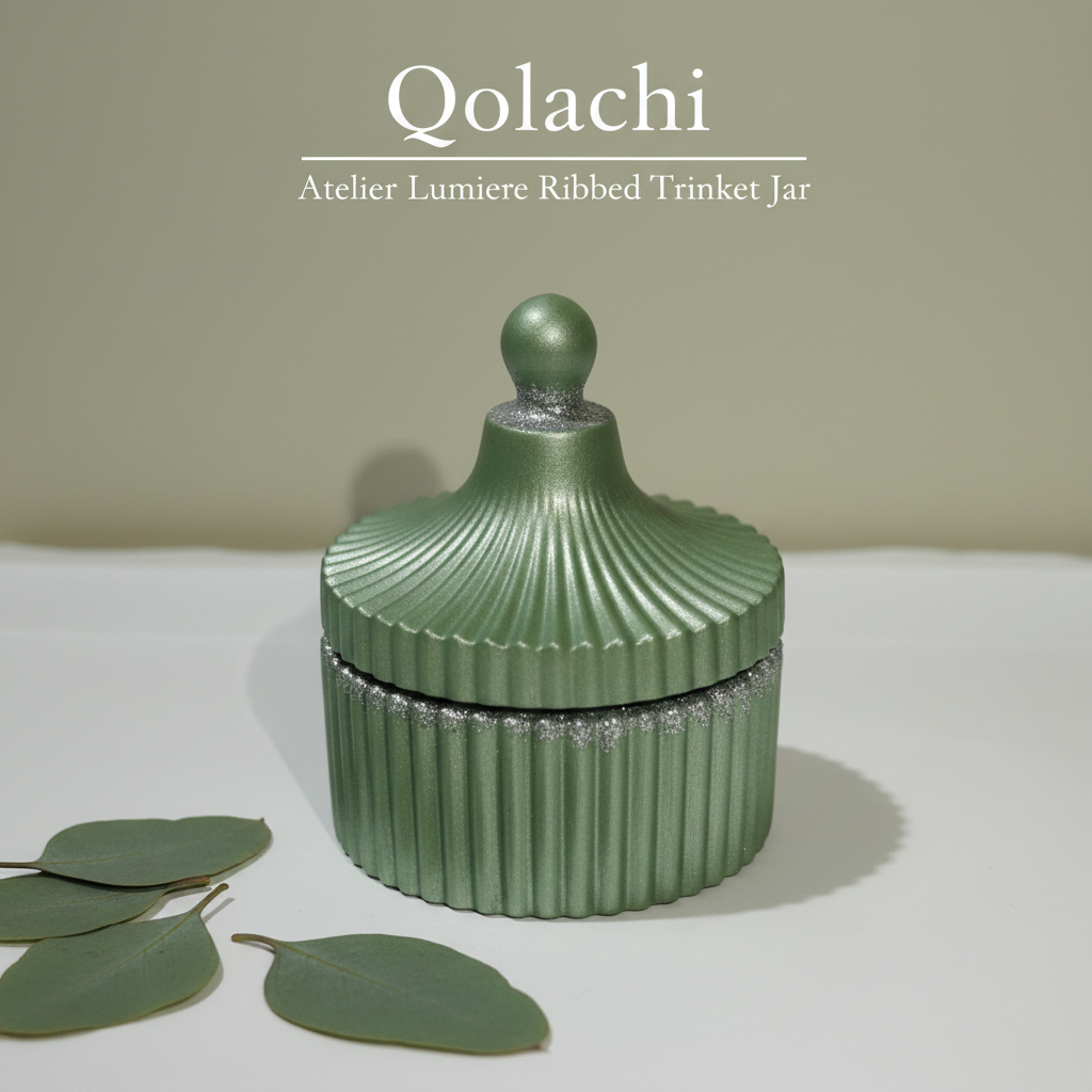 Qolachi Atelier Lumiere Ribbed Trinket Jar in Mint Olive Sage Metallic Matte with Silver contrast