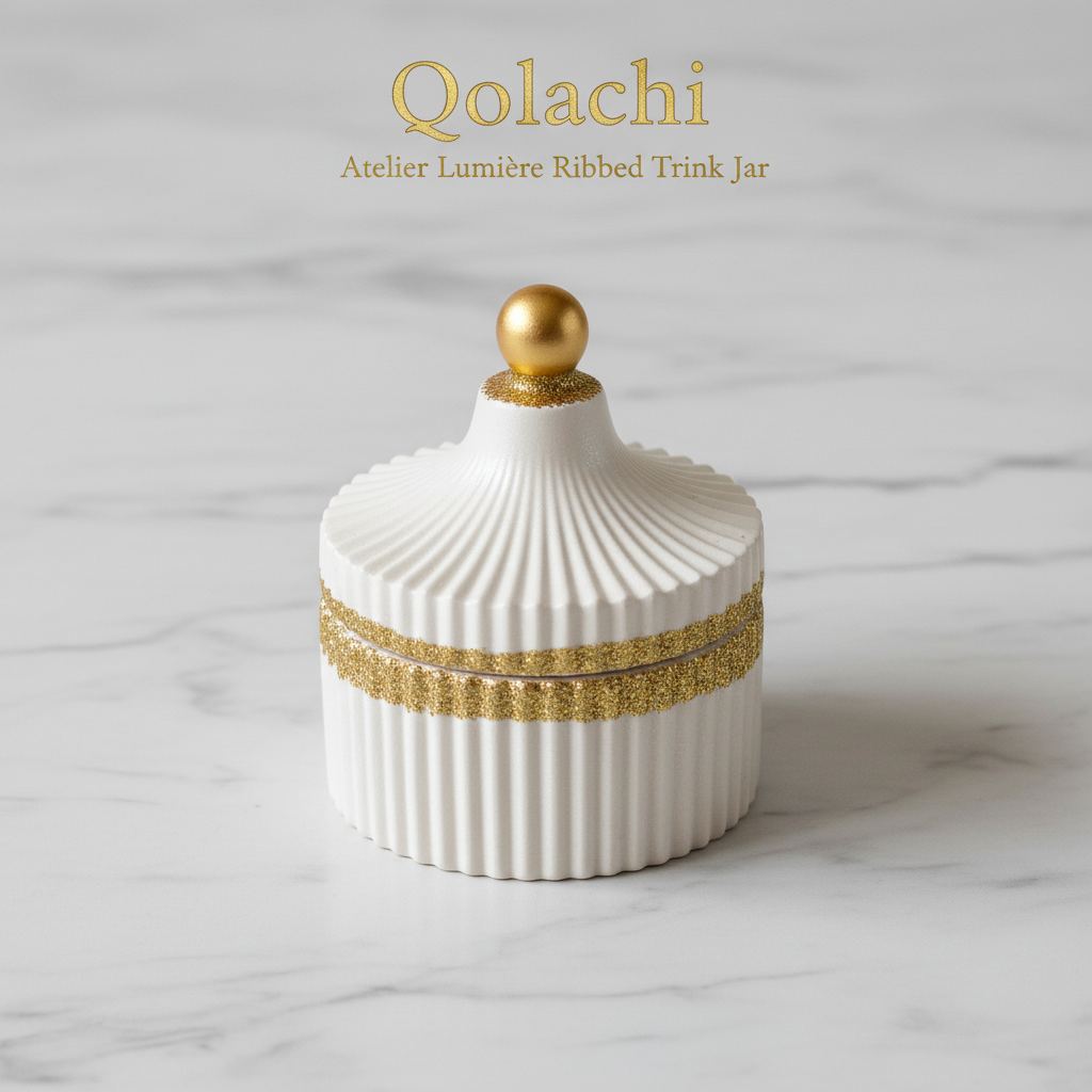 Qolachi Atelier Lumiere Ribbed Trinket Jar in Pearl White Metallic Matte with Gold contrast