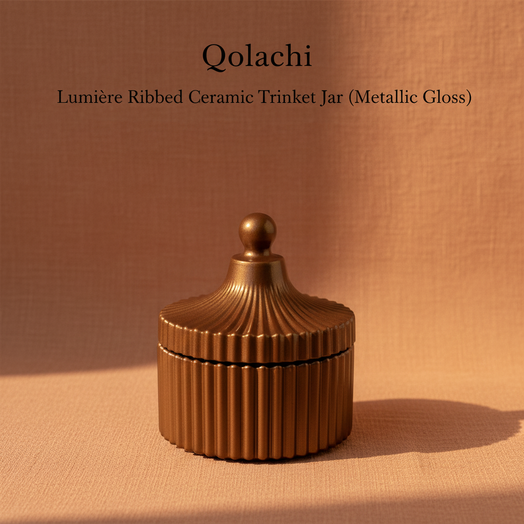 Qolachi Lumière Ribbed Ceramic Trinket Jar in Brown Metallic Gloss