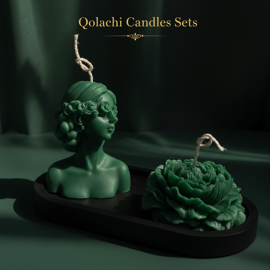 Qolachi Lumière Duo sculptural candle set in forest green finish on dark background