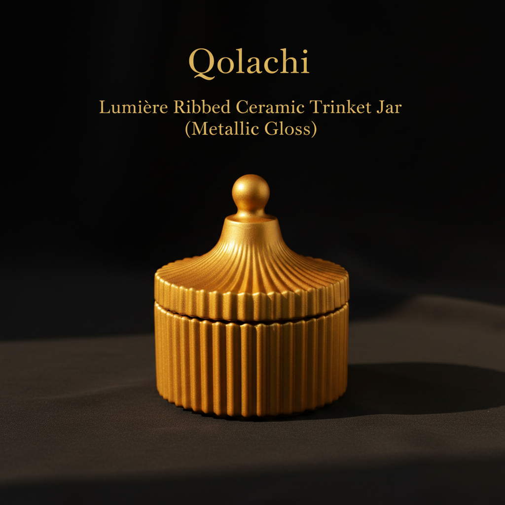 Qolachi Lumière Ribbed Ceramic Trinket Jar in Gold Metallic Gloss