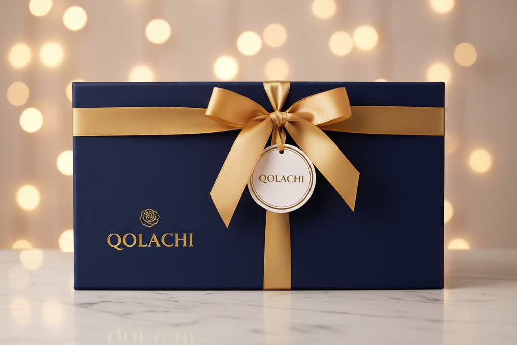 Qolachi Branded Box - Closed with Gold Ribbon and Brand Tag