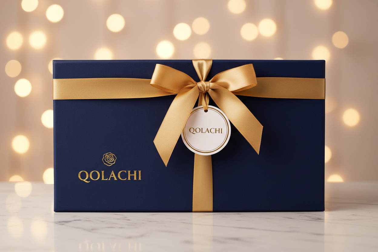 Qolachi Branded Box - Closed with Gold Ribbon and Brand Tag