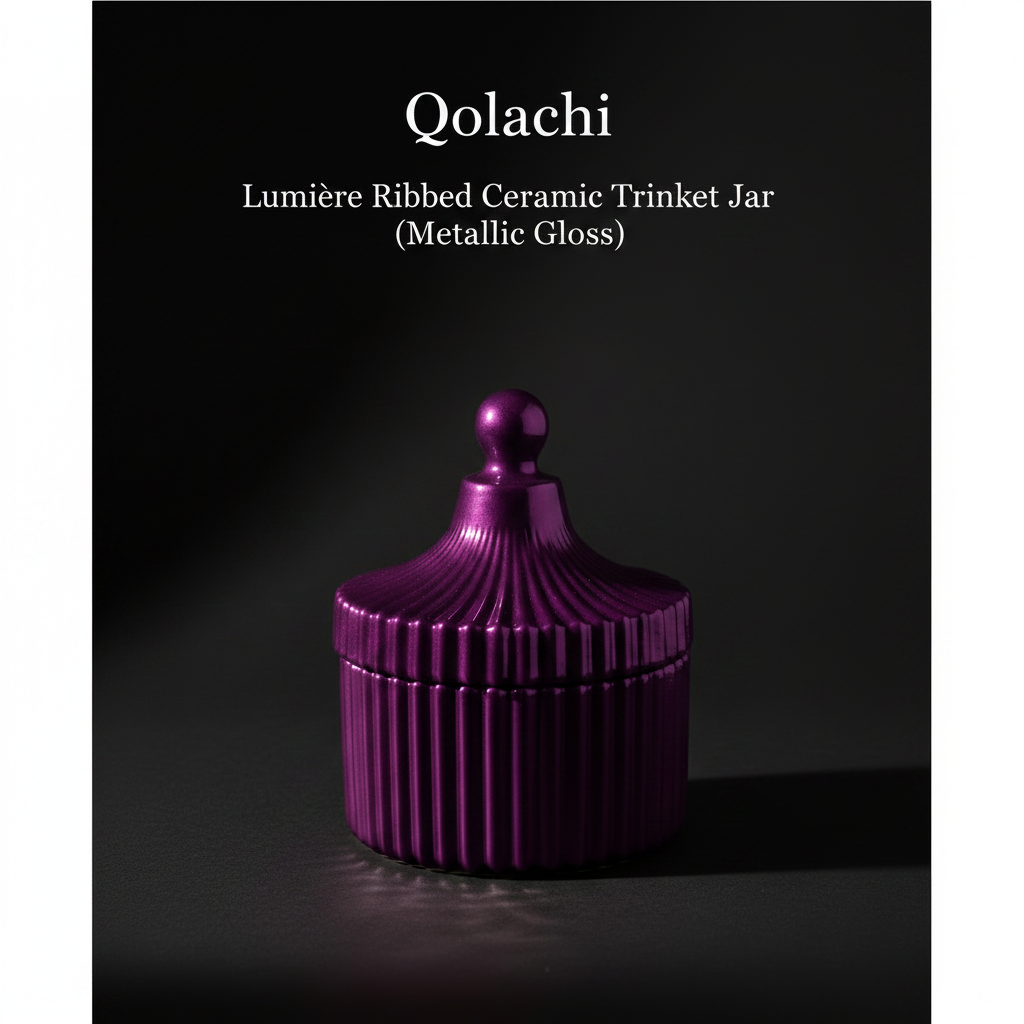 Qolachi Lumière Ribbed Ceramic Trinket Jar in Purple Metallic Gloss