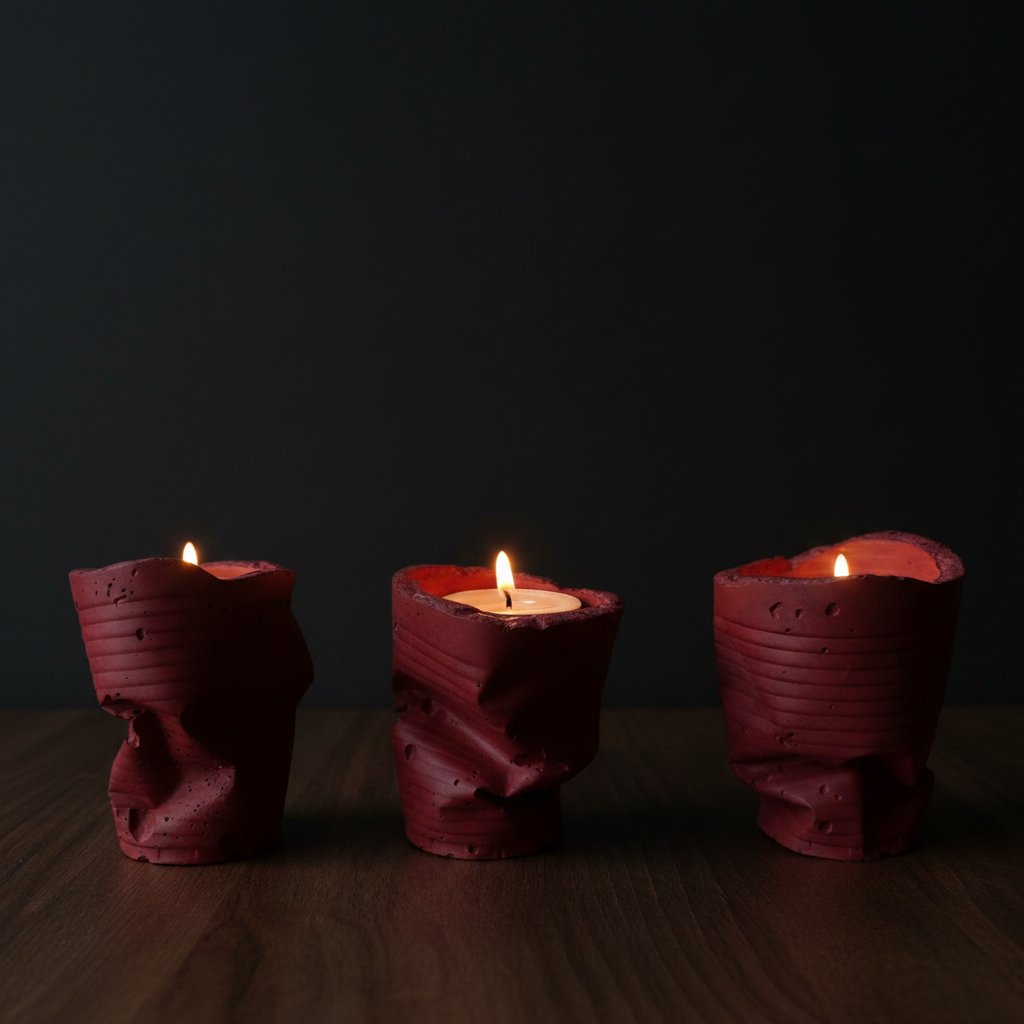 Sculpted Ember Concrete Tealight Trio in Red by Qolachi Interiors