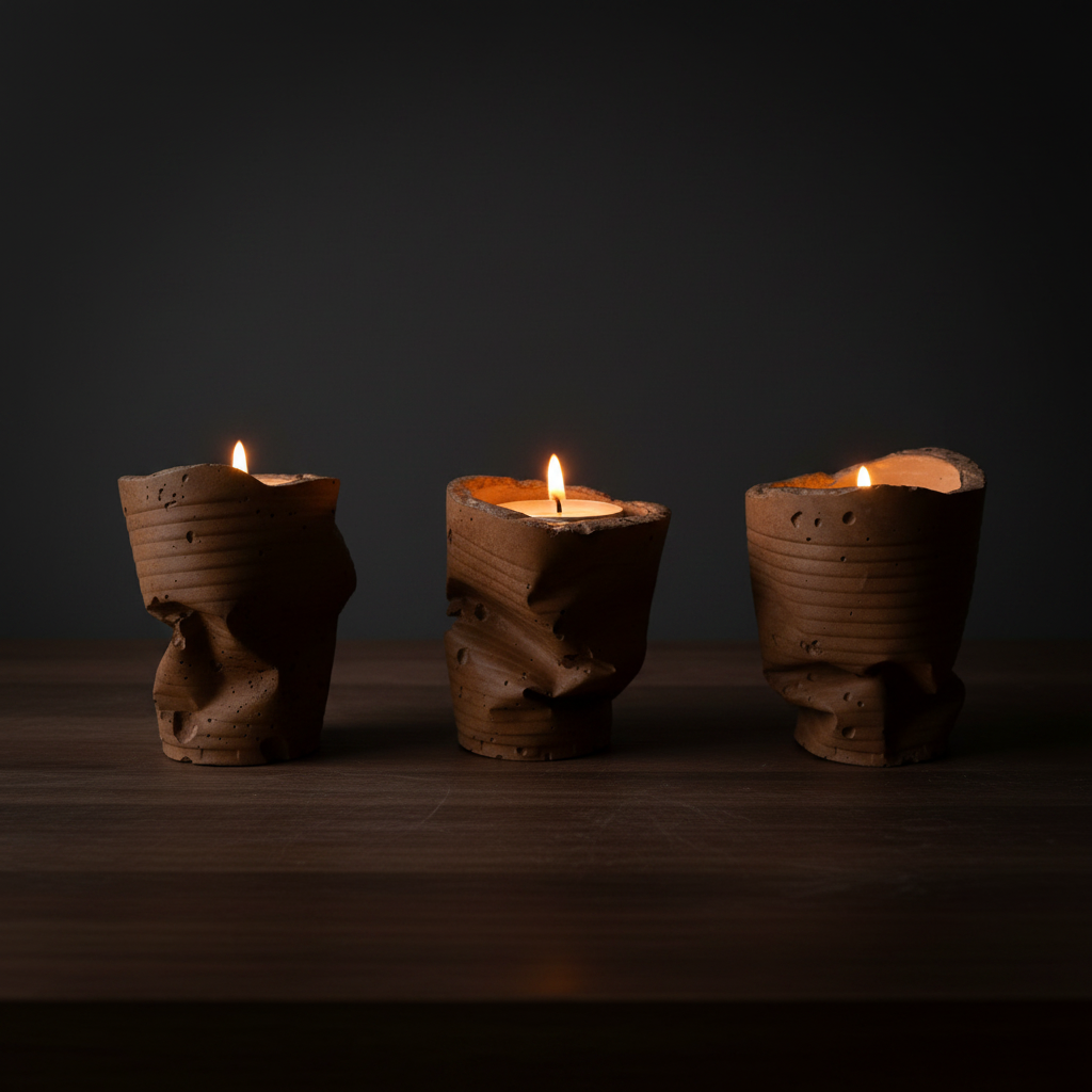 Sculpted Ember Concrete Tealight Trio in Brown by Qolachi Interiors