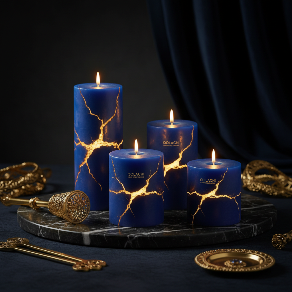Qolachi Lumière Pillar Candle – Royal Blue & Gold Dual Tone