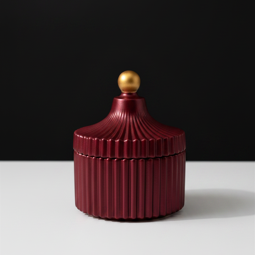 Qolachi Atelier Ribbed Ceramic Trinket Jar in Crimson Red and Gold Metallic Matte