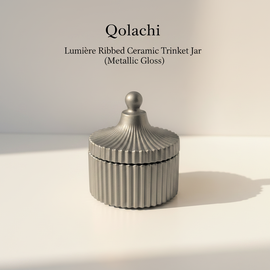 Qolachi Lumière Ribbed Ceramic Trinket Jar in Gray Metallic Gloss