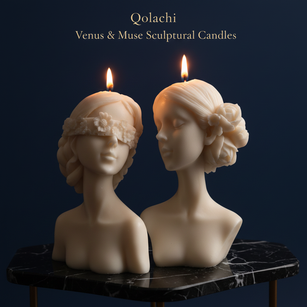 Qolachi Venus & Muse Sculptural Candles - navy blue background