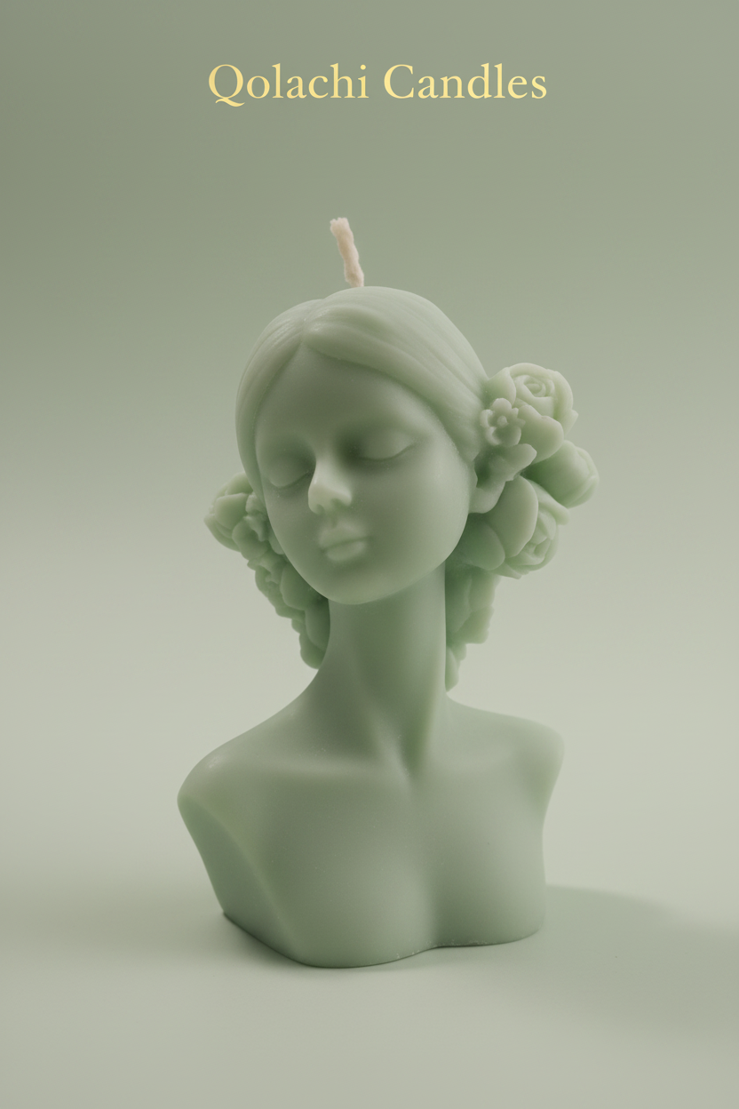 Qolachi Muse Éternelle sculptural goddess bust candle in sage green