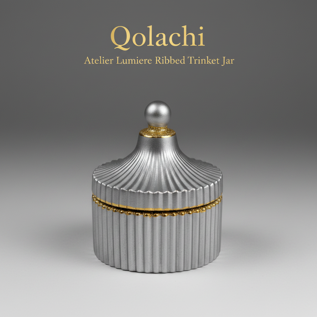 Qolachi Atelier Lumiere Ribbed Trinket Jar in Silver Grey Metallic Matte with Gold contrast
