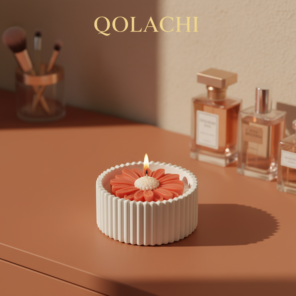 Qolachi Dahlia Lumière candle vessel in coral orange on terracotta lifestyle background