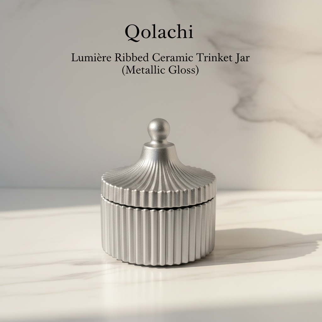 Qolachi Lumière Ribbed Ceramic Trinket Jar in Silver Grey Metallic Gloss