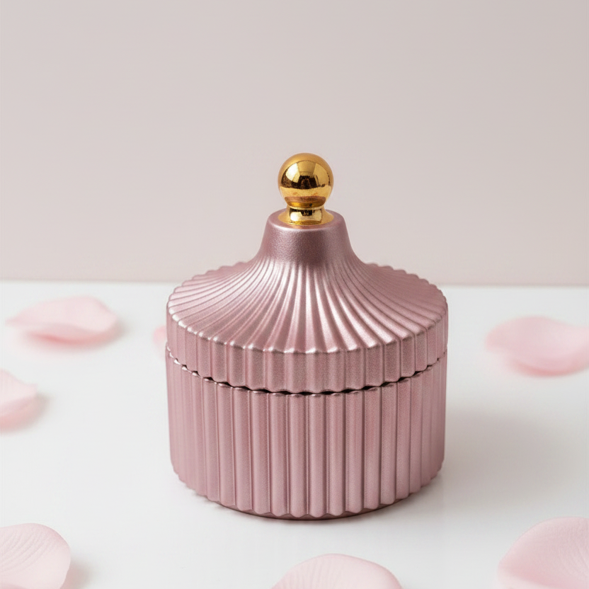 Qolachi Atelier Ribbed Ceramic Trinket Jar in Blush Pink and Gold Metallic Matte