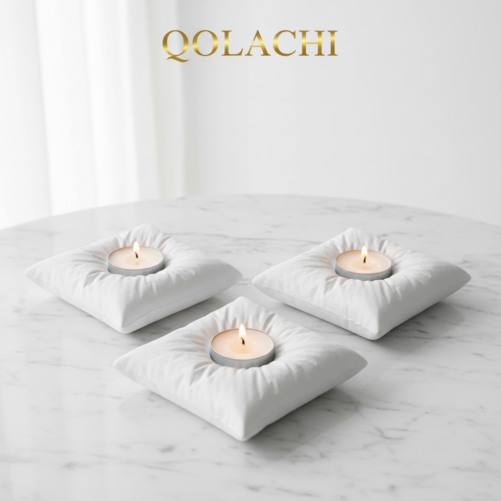 Qolachi Pillow Stone - Ash White concrete candle holder on marble