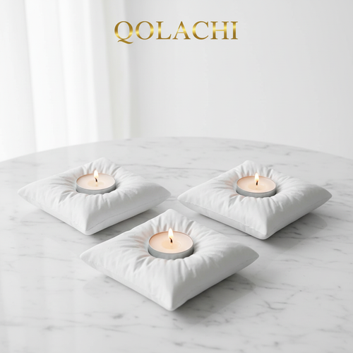 Qolachi Pillow Stone - Ash White concrete candle holder on marble