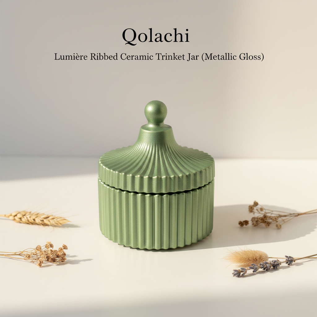 Qolachi Lumière Ribbed Ceramic Trinket Jar in Sage Green Metallic Gloss