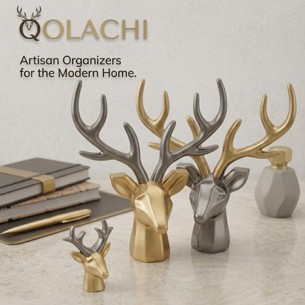 Qolachi Monarch Deer Head Organizer - Gold and Silver on marble surface