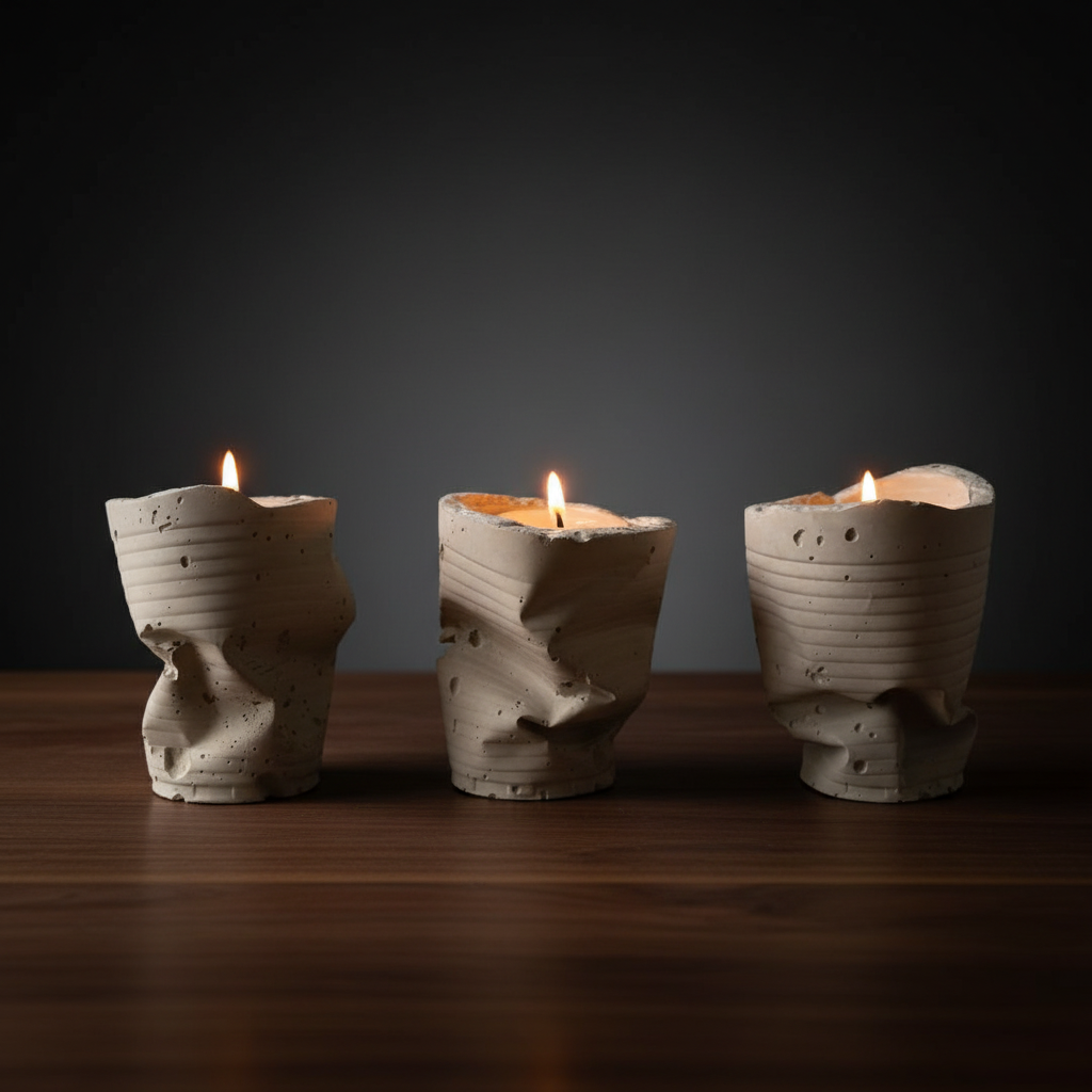 Sculpted Ember Concrete Tealight Trio in Beige by Qolachi Interiors