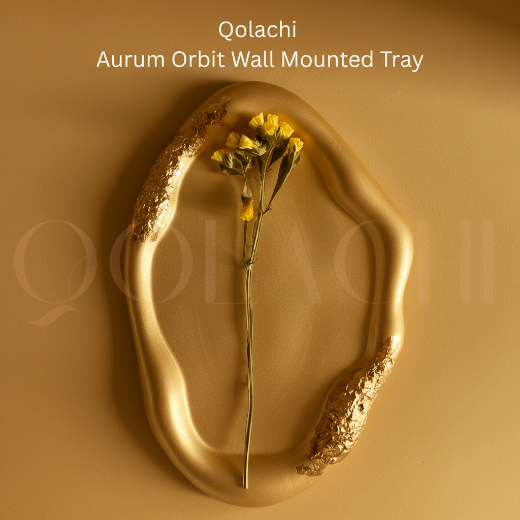 Qolachi Aurum Orbit Wall Mounted Tray in Gold monochromatic colorway, square format branded product image