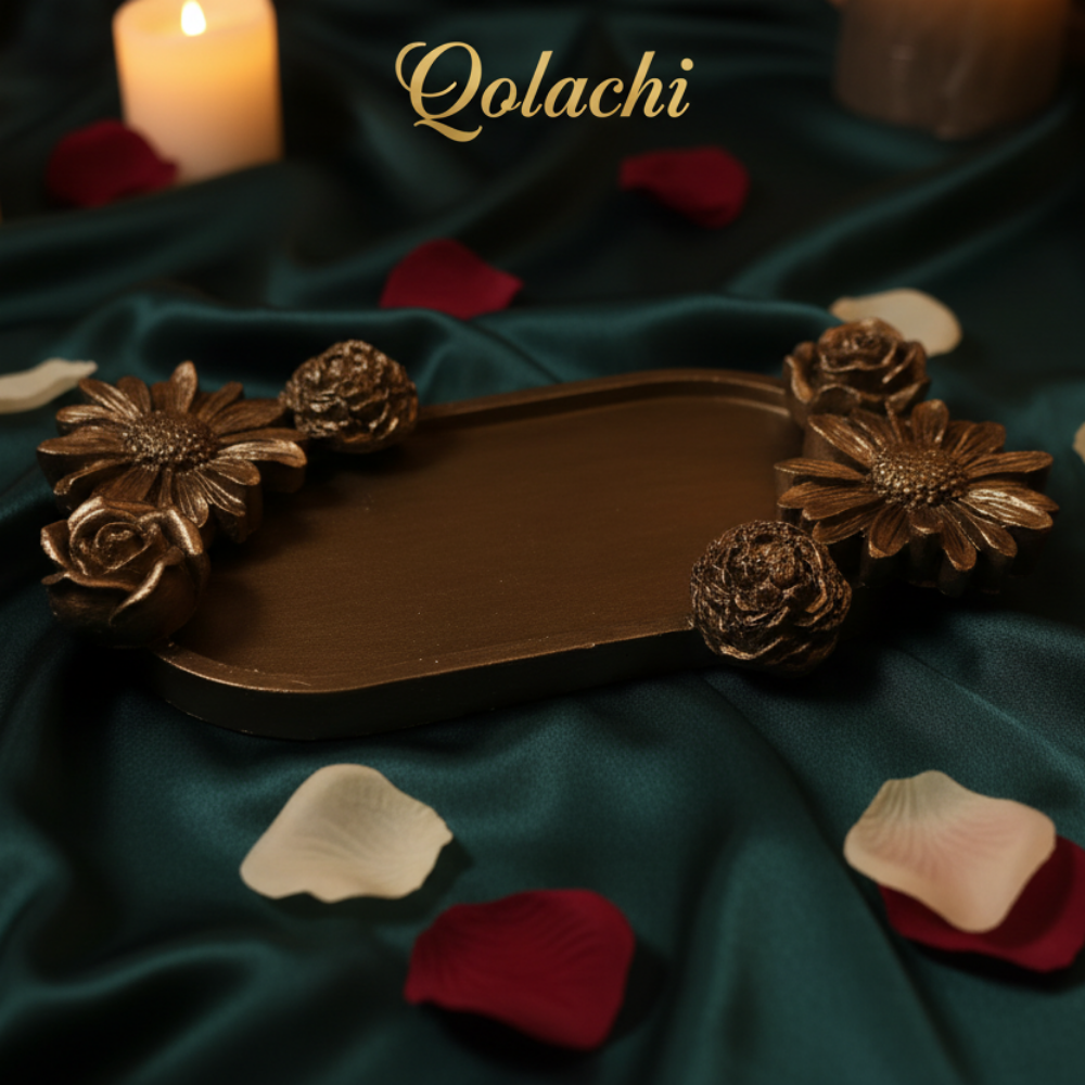 Qolachi Bloom Eternal Tray in Antique Bronze on emerald silk