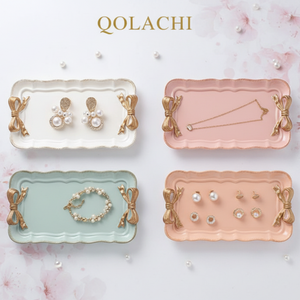 Qolachi bow jewelry trays in white, pink, mint and peach colors