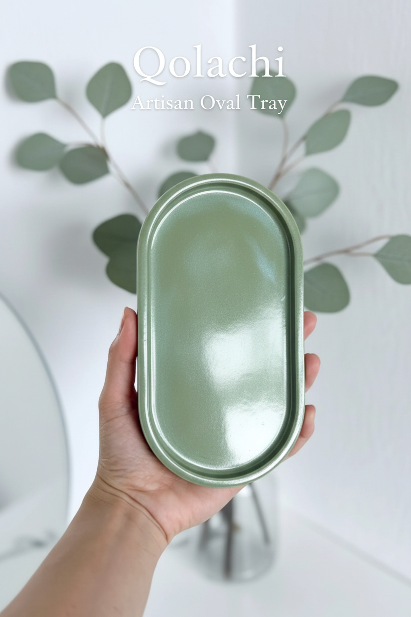 Qolachi Artisan Oval Tray - Metallic Mint Olive Sage