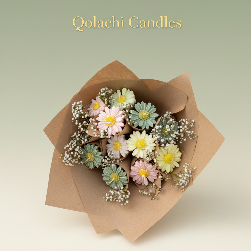Bloom & Glow White + Sage Green Double-Tone Flower Bouquet Candle by Qolachi