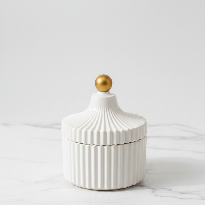 Qolachi Atelier Ribbed Ceramic Trinket Jar in Pearl White and Gold Metallic Matte