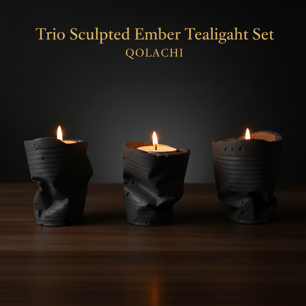 Sculpted Ember Tealight Trio in Charcoal Gray by Qolachi Interiors