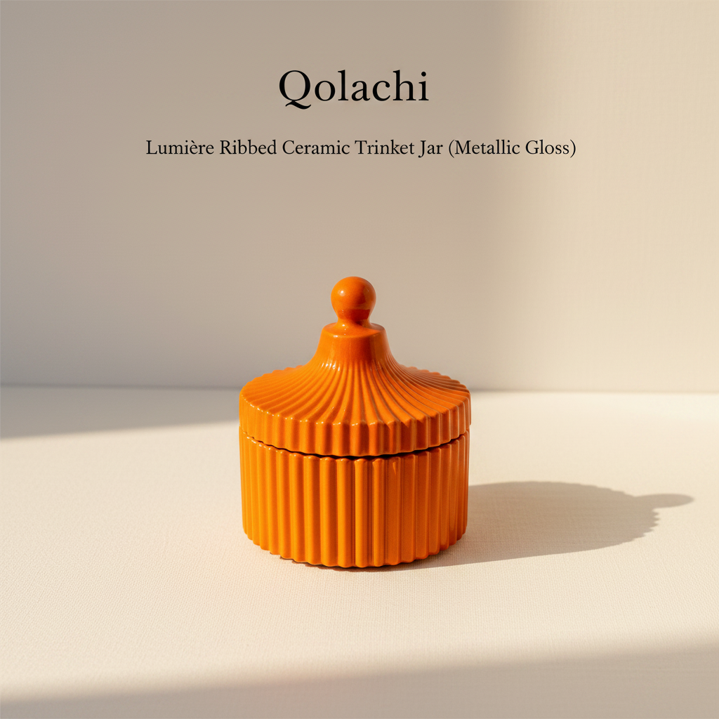 Qolachi Lumière Ribbed Ceramic Trinket Jar in Orange Metallic Gloss