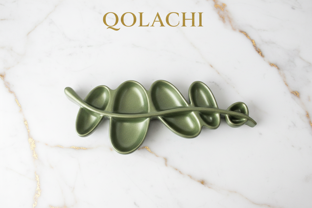 Aurum Botanica Leaf Tray – Olive Sage on White Marble | Qolachi Interiors