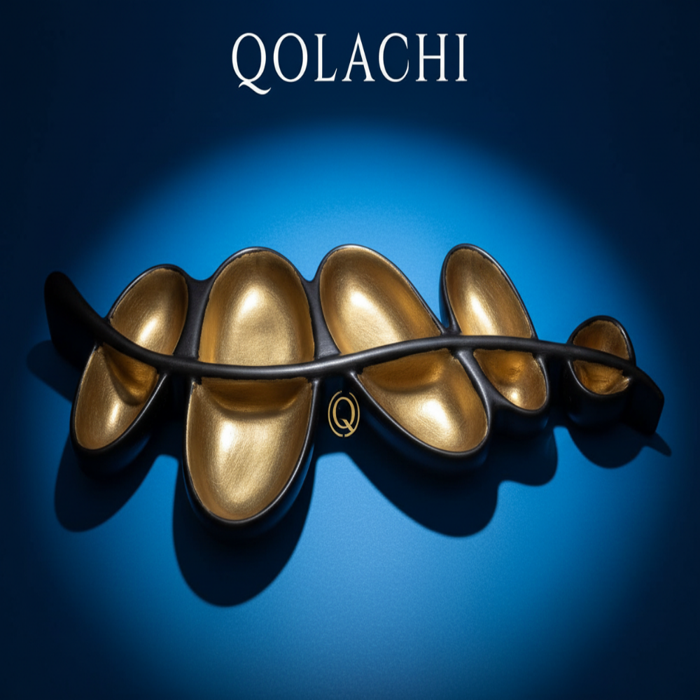 Aurum Botanica Leaf Tray – Two-Tone Gold & Black Hero Shot | Qolachi Interiors