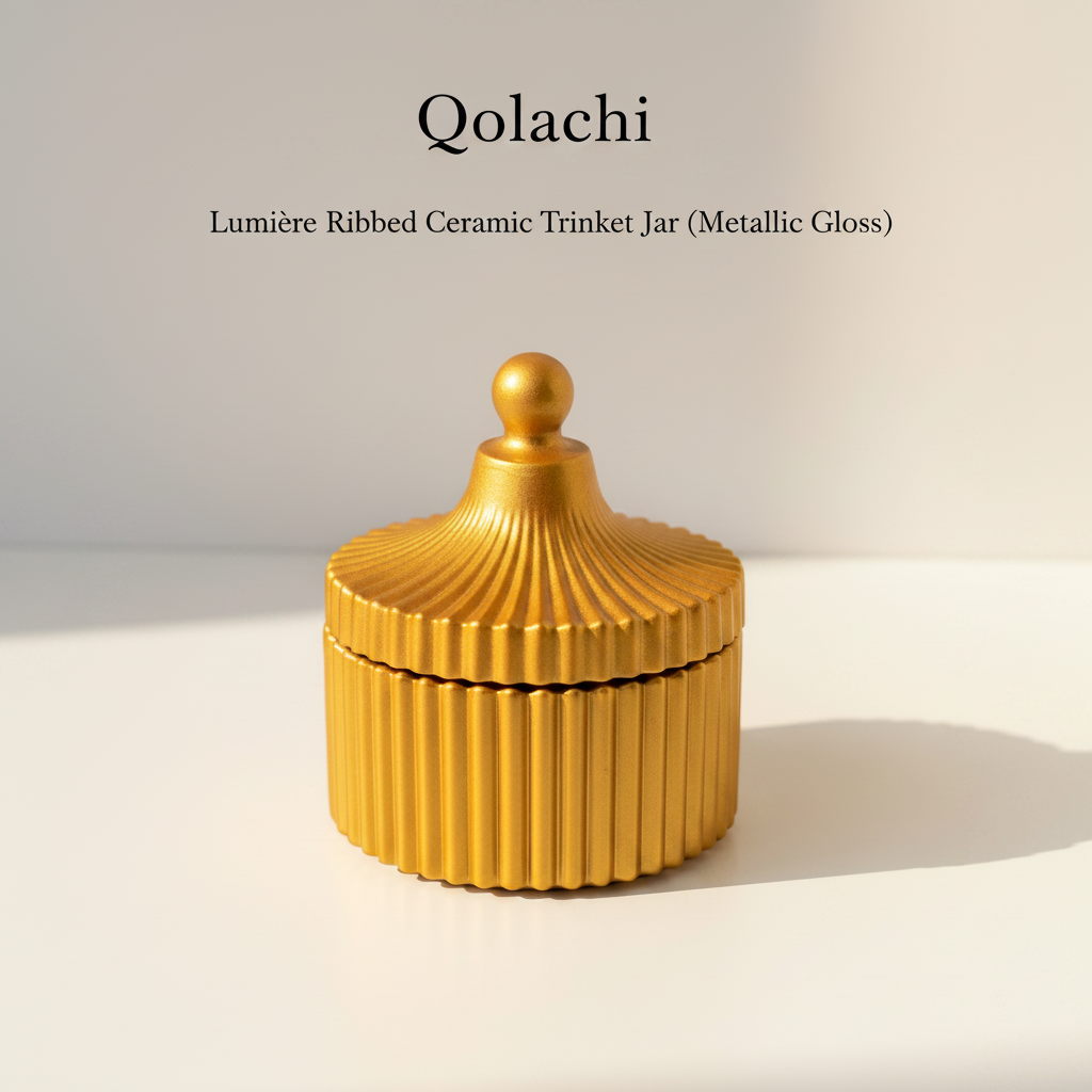 Qolachi Lumière Ribbed Ceramic Trinket Jar in Yellow Metallic Gloss