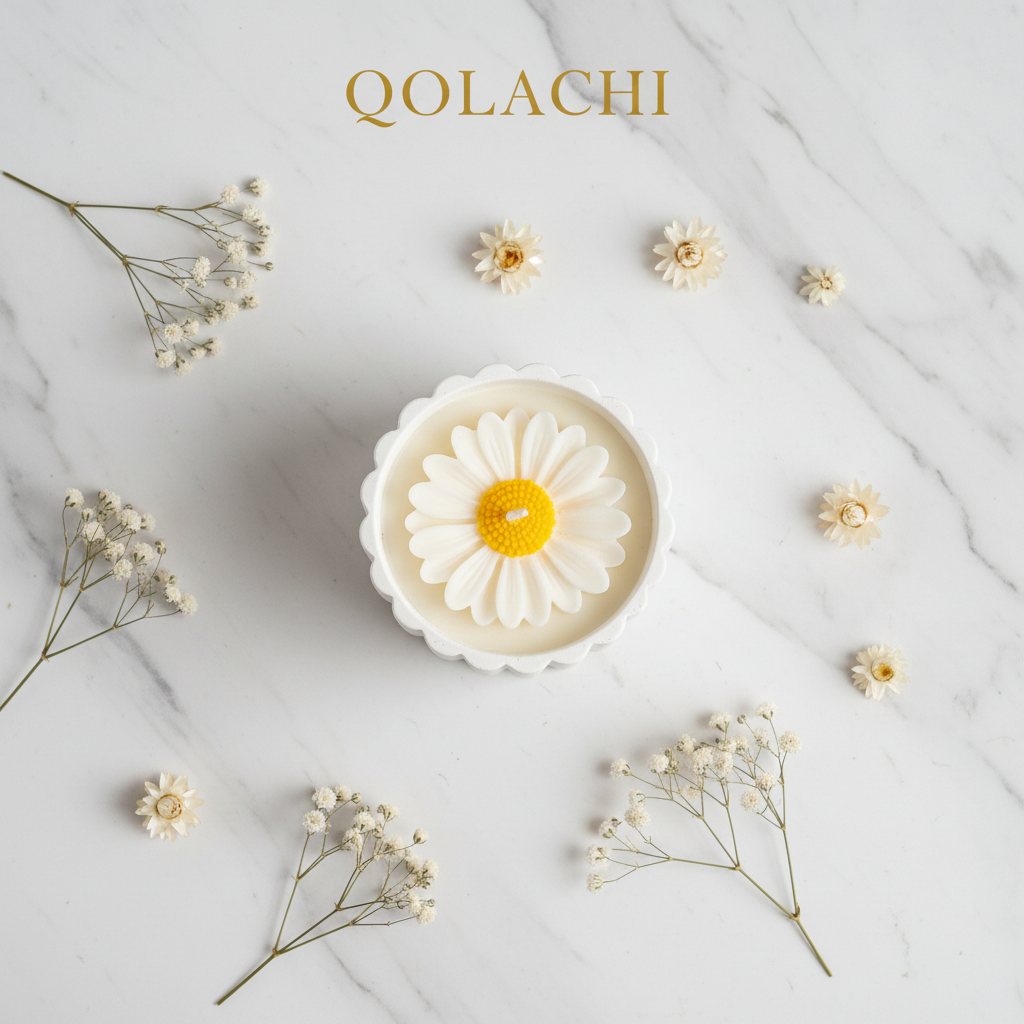 Qolachi Dahlia Lumière candle vessel in pure white on marble background