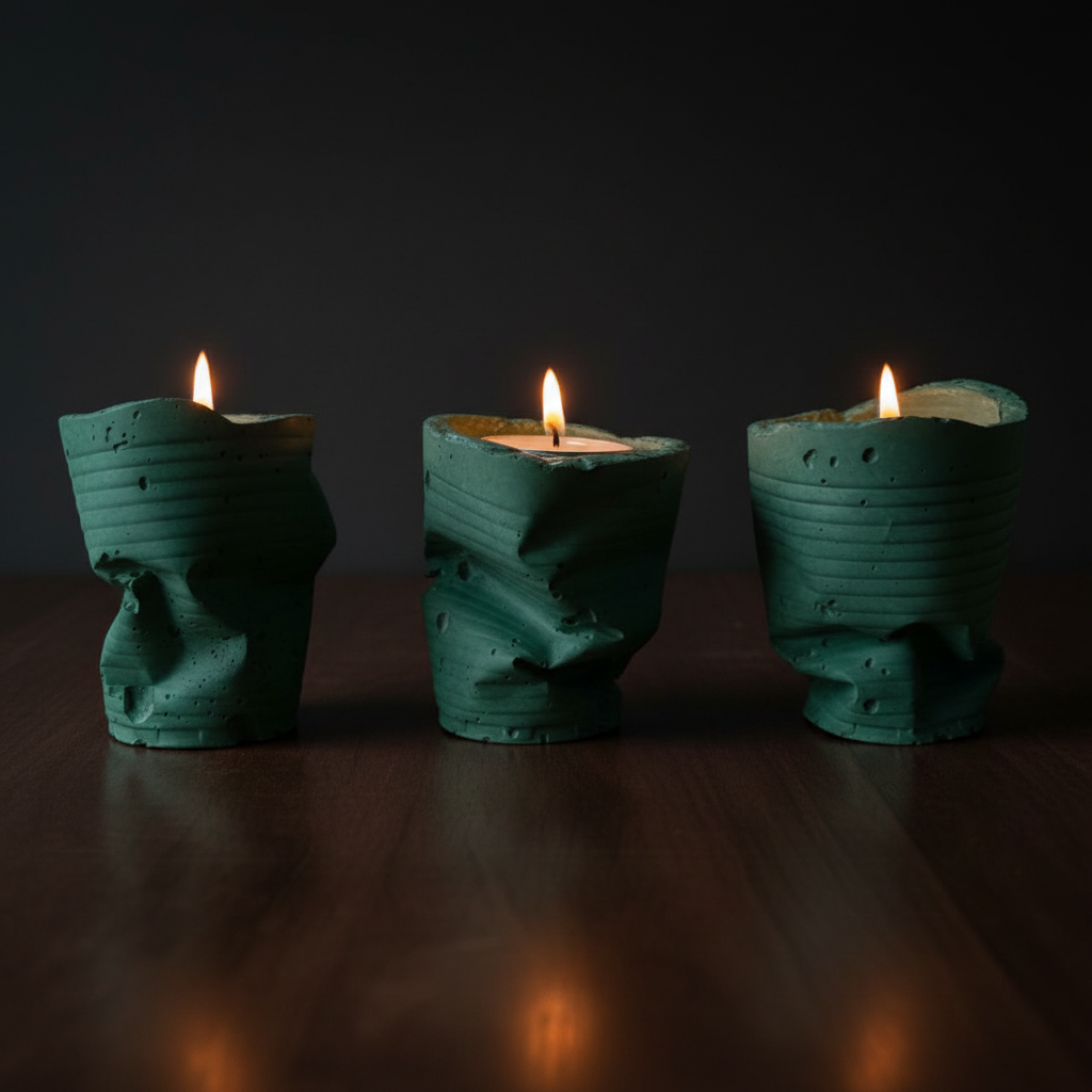 Sculpted Ember Concrete Tealight Trio in Sea Green by Qolachi Interiors