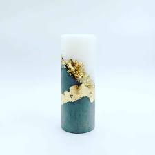 Oceanic Luxe Pillar Candle - Single white and teal with gold floral accent